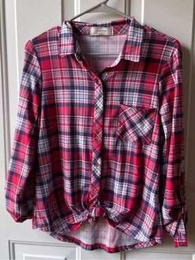 No Comment Plaid Button-Up Shirt - Knot Front